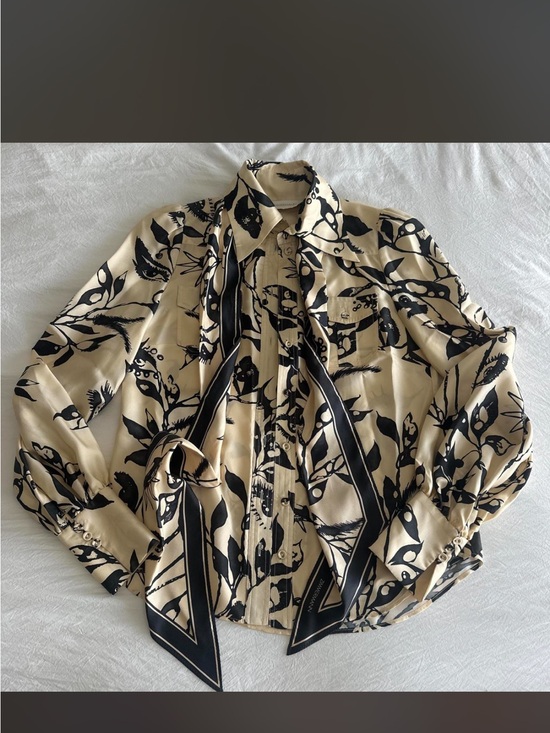 Zimmermann Tops - Zimmermann Ladybeetle Tie-Neck Scarf Shirt in cream and black printed silk